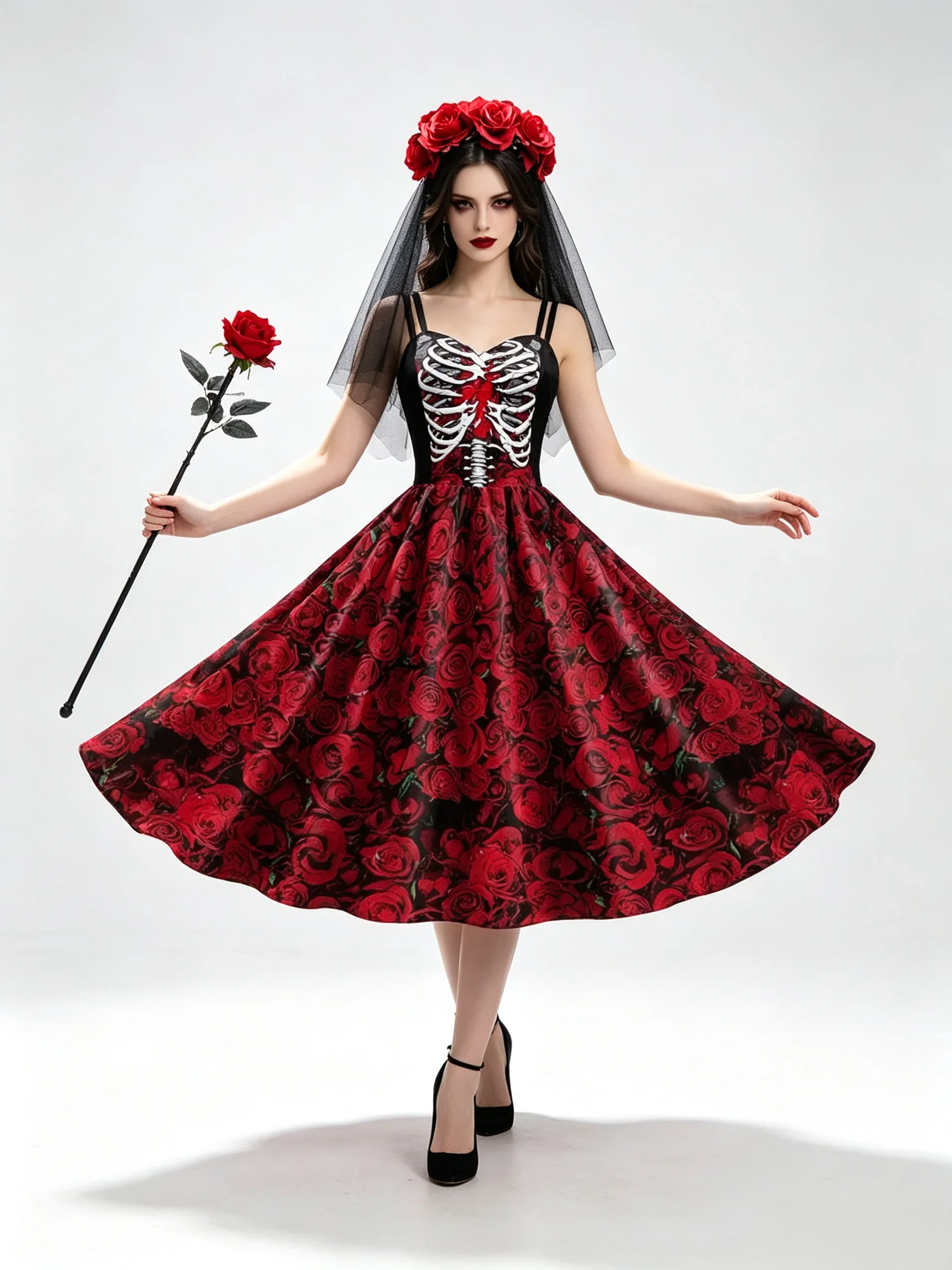 Teenager-Mädchen Rollenspiel-Kleid Damen Skelett-Rosen-Cosplay Ärmelloses Swing-Kleid Gothisches Halloween-Kostüm für Kostümparty – Detail 9