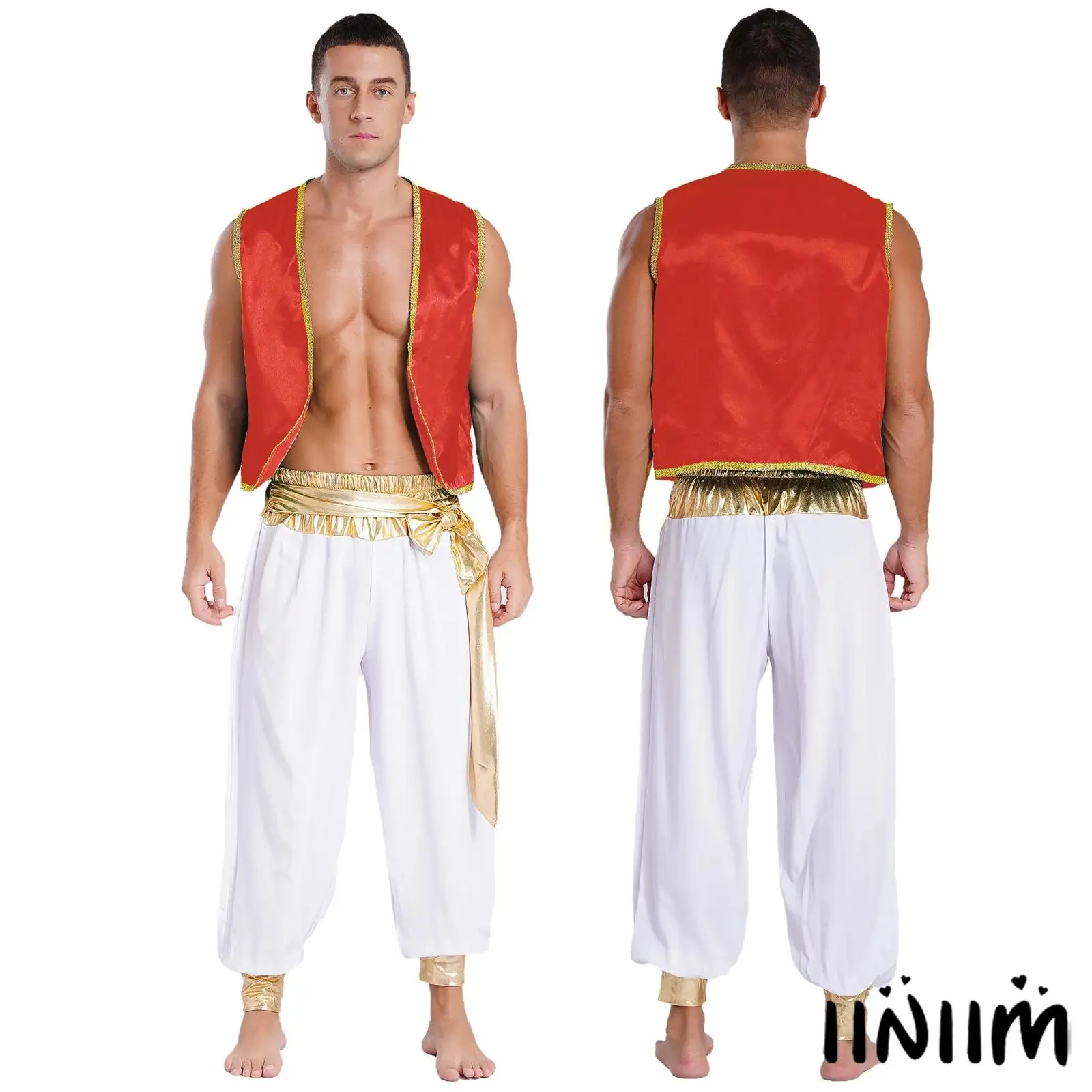 

Mens Cosplay Performance Outfit Open Front Waistcoat Patchwork Pants for Theme Parties Arabian Prince Role Play Braided Trimming