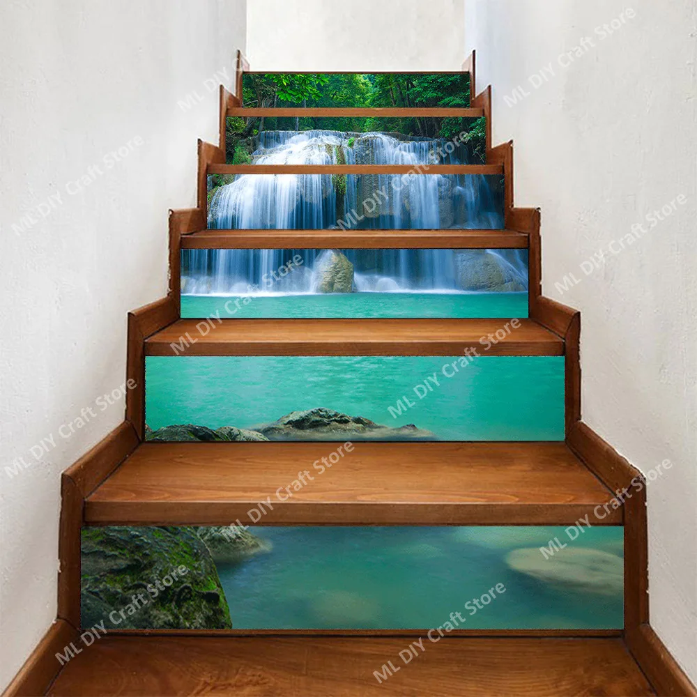 Living Room Waterfall Flowing Water Imitation 3D Landscape Wall Sticker Self-adhesive Step Decoration PVC Staircase Sticker