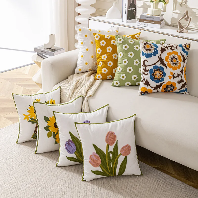 Embroidered Throw Pillow Cover 18x18Inch Boho Decorative Pillow Cover with Zipper for Living Room Couch Sofa Cushion Pillowcase