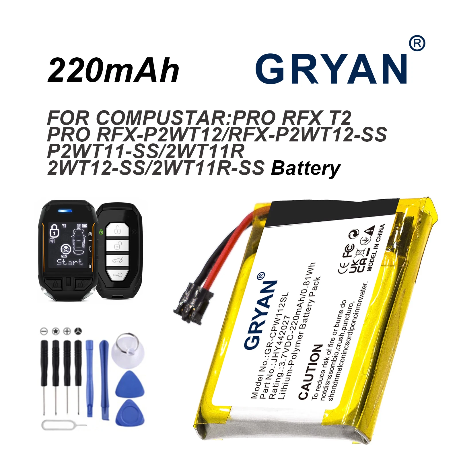 Remote Start and Entry Systems 220mAh Battery For Compustar Pro RFX T2，Pro RFX-P2WT12，RFX-P2WT12-SS，P2WT11-SS，2WT11R-SS，2WT12-SS