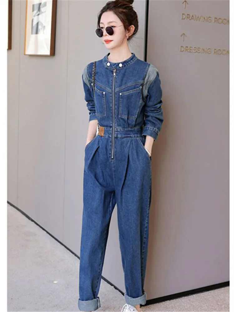 

2024 Spring Autumn New Denim Jumpsuit Women Casual Loose Waist Show Slim Workwear Long Sleeved Overalls Long Pants Lady Jeans