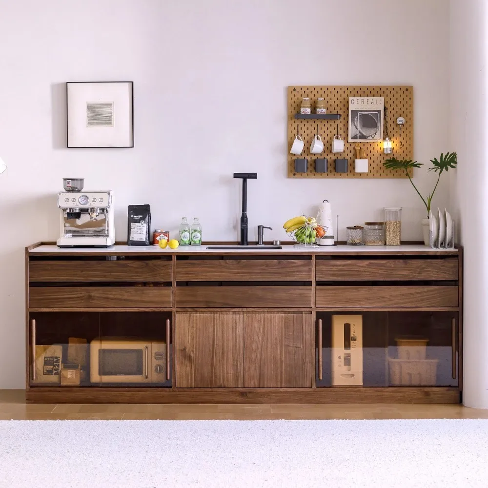 

North American black walnut dining side cabinet integrated against the wall household kitchen tea cabinet solid wood large