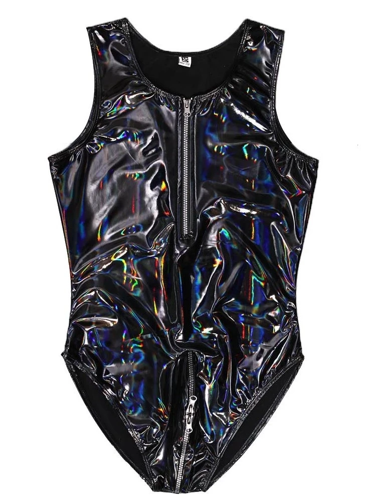 Mens Leather Jumpsuits PVC Dazzle Colour Shiny Catsuit U Convex Pouch Zipper Open Crotch Bodysuit Bright Triangle One-Piece Vest