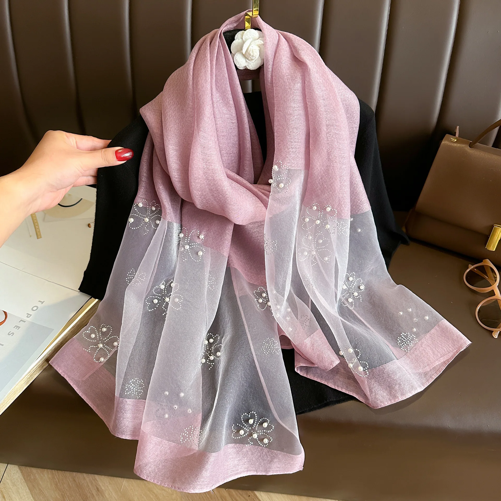 Perle Koreanische Blume Stickerei Schal Elegante Strass Dünne Seide Schal Rose Luxus Frauen Hijab Schals Dame – Detail 4