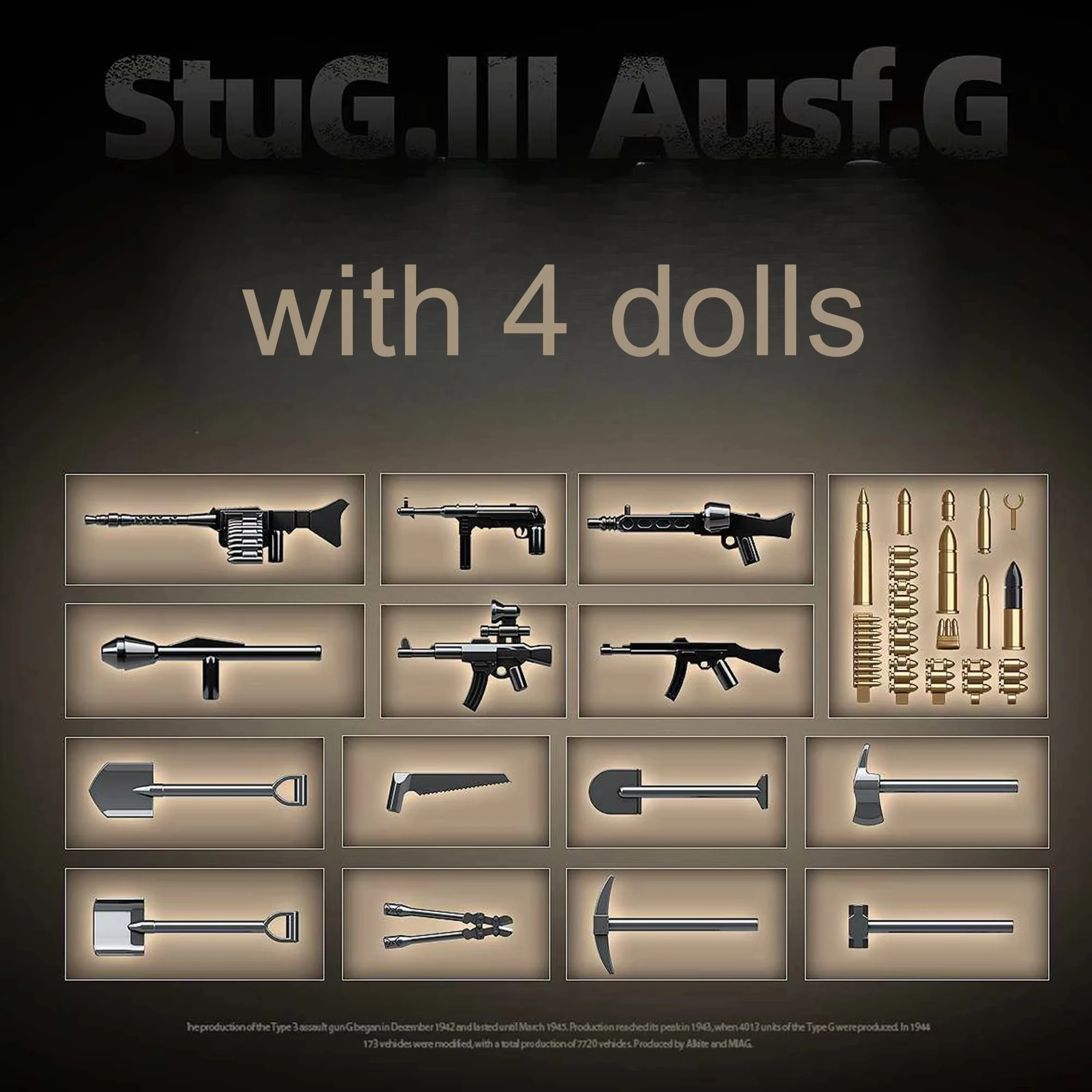 WW2 النموذج الكلاسيكي العسكري Sturmgeschütz III Ausf. مكعبات بناء دبابة G مع 4 جنود وألعاب أسلحة لهدايا عيد الميلاد للأطفال