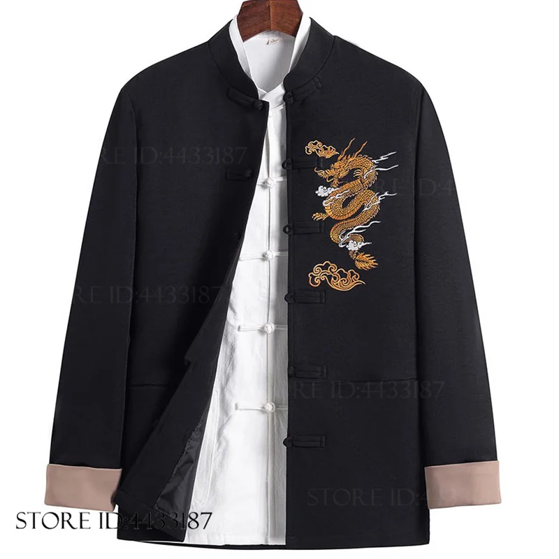 Vintage Embroidery Dragon Men's Tang Suit Jacket Long Sleeve Coat Large Size Overshirt Autumn New Kung Fu Tai Chi Tops Outwear