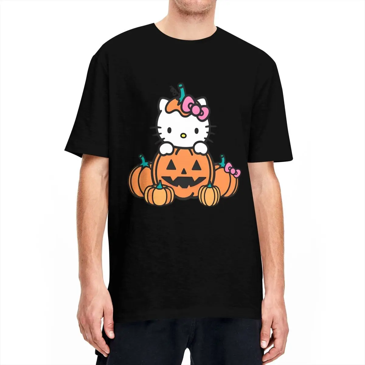 Men Hello Kitty Cartoon Cat T Shirts Halloween Pumpkin Bat Cotton Top Tees Y2K Short Sleeve T Shirt O-Neck Tee Shirt Plus Size