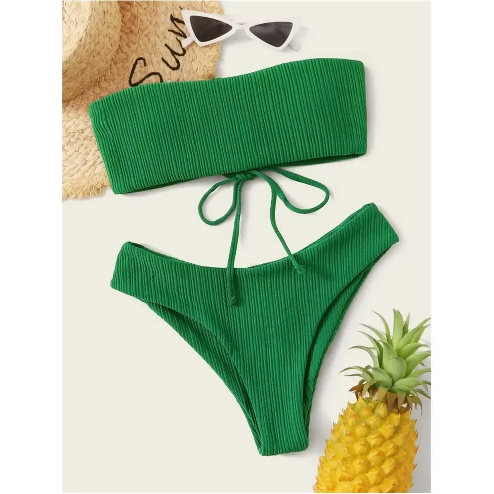 Green Bikini Drawstring Bandeau Swimsuit Lace Up Swimwear Women Beach Outfit Y2K Trend Bathing Suit Bikinis Set Traje Bano Mujer