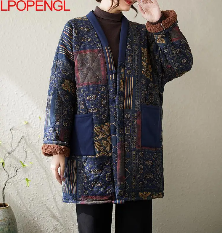 Retro Mid-length Ethnic Style Disc Buckle Floral Cotton Jacket Women\'s Winter Velvet Thickened Long-sleeved Wide-waisted Coat