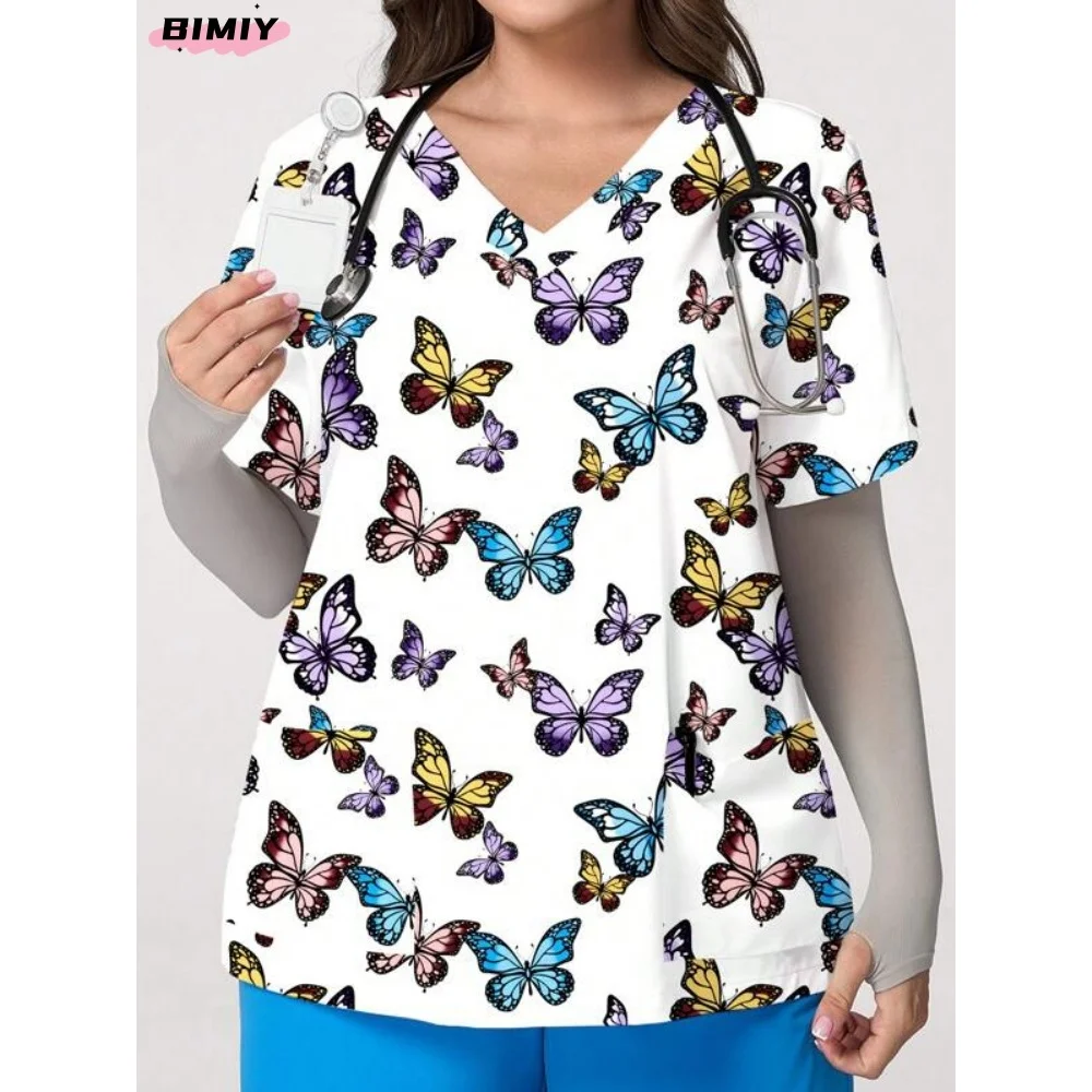 蝶スクラブトップス医療制服プリントスクラブトップ女性美容スパ制服医療看護作業服ドクターナーススクラブ