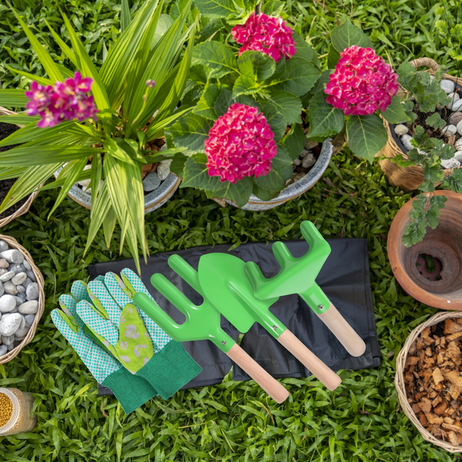 4Pcs Kids Gardening Tool Kit Wooden Handle Shovel Fork Rake Gloves Children Garden Tool Set Role Play Outdoor Equipment