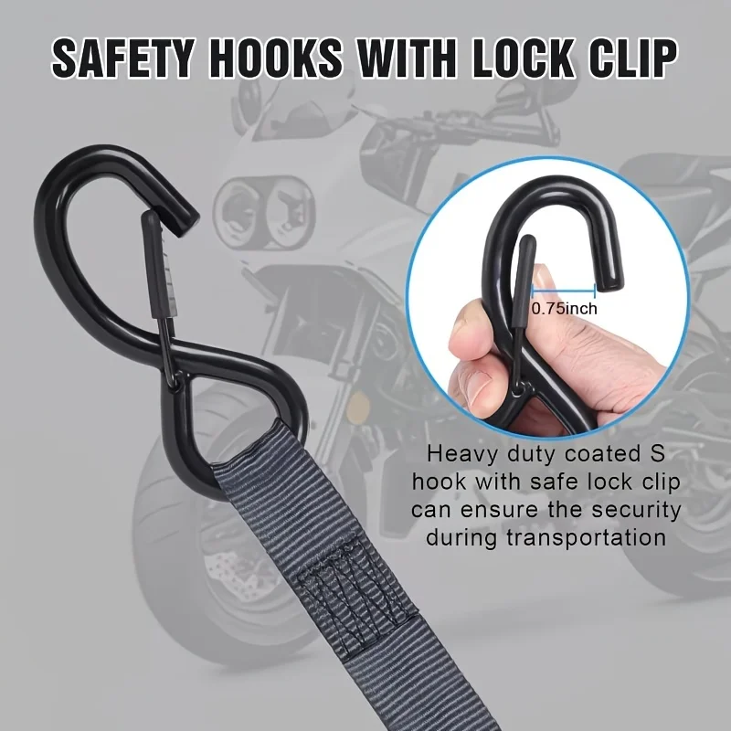 2-pack of heavy-duty ratchet straps with retractable mechanism and locking system. Automatic winding design prevents tangling and knotting. Durable webbing + safety S-hooks. Stable load-bearing capacity. Suitable for cars, trailers, and moving.