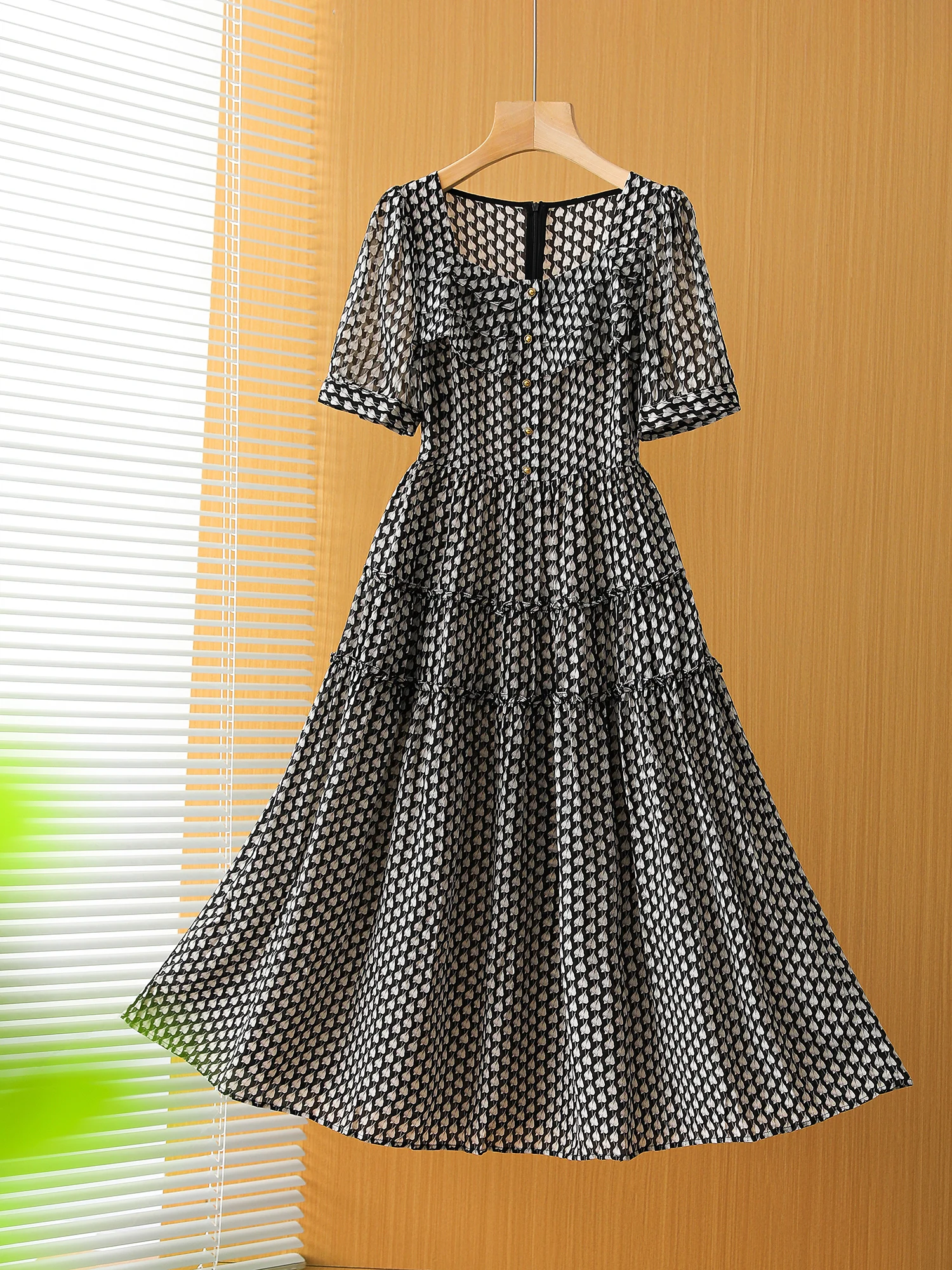 

New Silk Double Crepe Color Contrast Printed Square Collar Lace A-line Dress LY8964