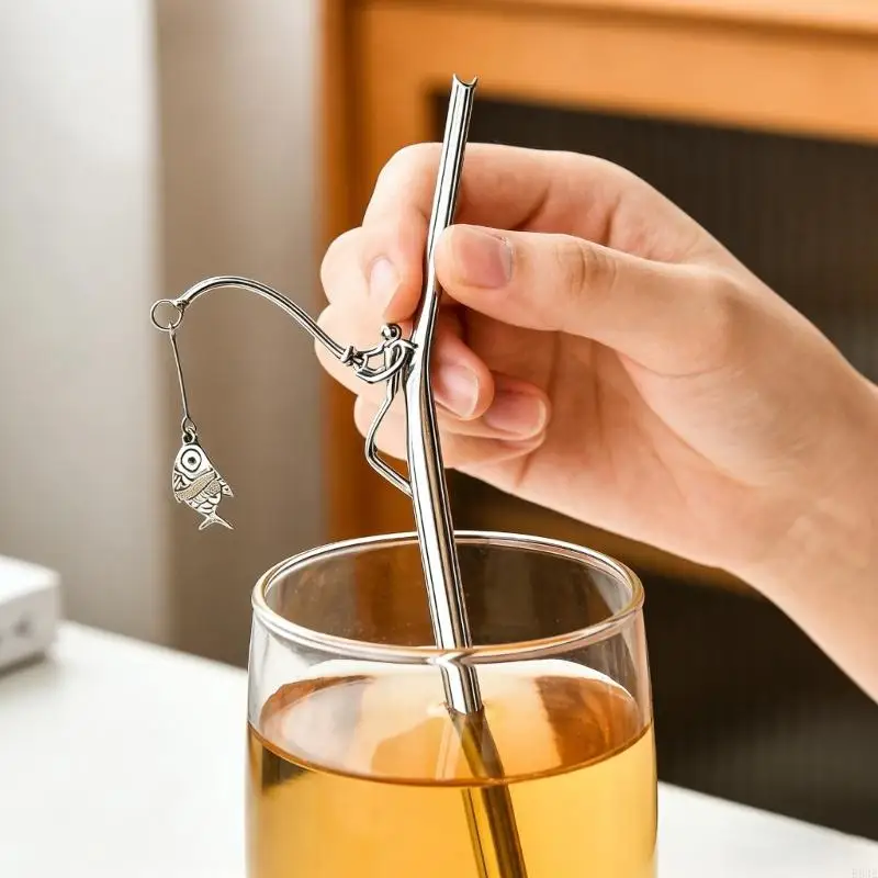 ノベルティ釣りテーマストローステンレス鋼飲料カクテルホーム箸置きアクセサリー-b03e