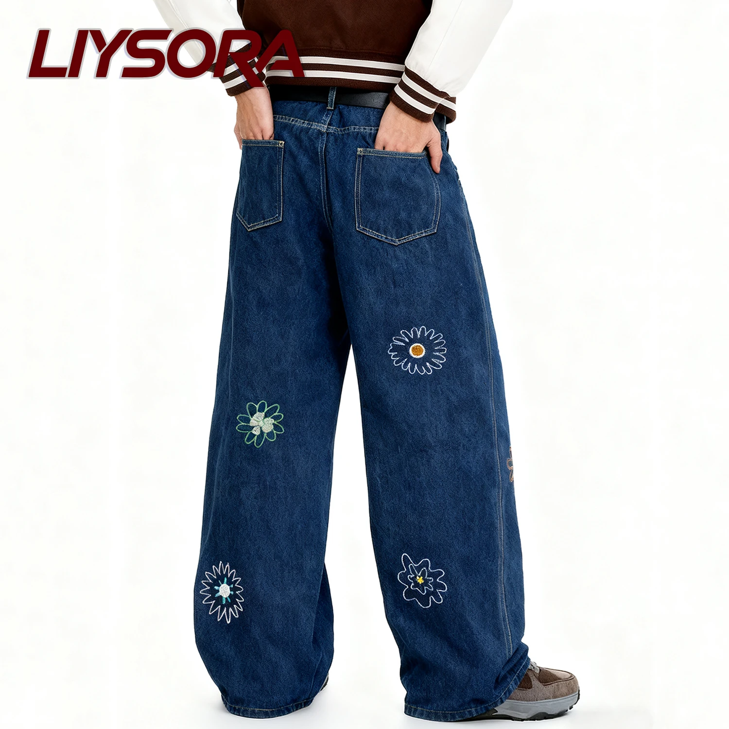 الكورية الأزرق الرجعية Y2K زهرة مطرزة فضفاض واسعة الساق جان للجنسين المتخصصة تصميم فضفاض الدنيم السراويل اليابانية ملابس رجالية غير رسمية #6