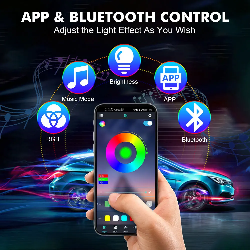 นีออน LED ภายในรถ APP เพลงรีโมทคอนโทรล RGB Underglow LED Ambient Light USB/ซิการ์ปลั๊กอัตโนมัติแสงบรรยากาศ 12V