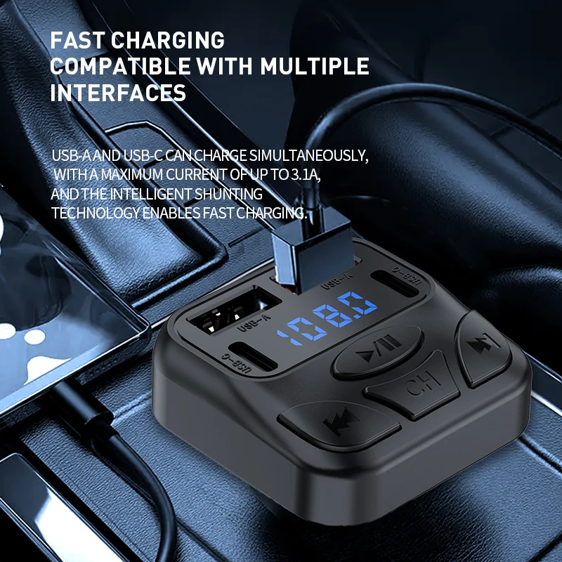 Car Bluetooth 5.4 Receiver Car FM Transmitter MP3 Player Hands-free Calling Dual USB Dual TYPE-C Port 5V2.4A Car Charger