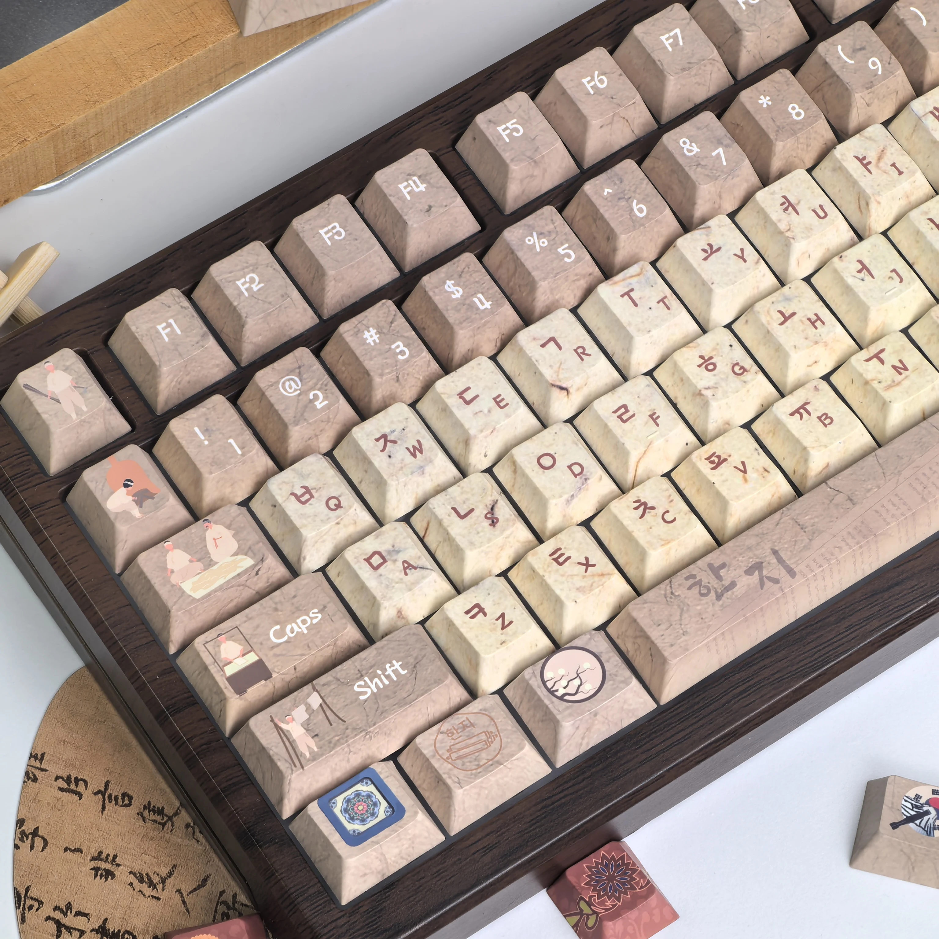 Hanji Retro Keycaps Korean Light Brown 136 Keys Cherry Pbt Ansi / Iso Layout Korean Ancient Paper Style Hangul Keycaps