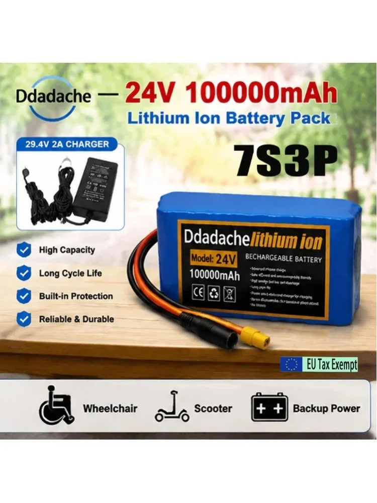 Ersatzakku für E-Bike, Moped, Elektroroller, EU-Lokallager, 7S3P 24V 100Ah 18650 wiederaufladbarer Lithium-Akku mit 29,4V 2A Ladegerät
