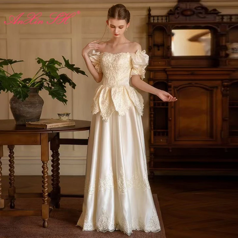 Anxin sh vintage princesa francesa flor bege cetim barco pescoço manga bufante babados rendas até vestido de casamento antigo personalizado