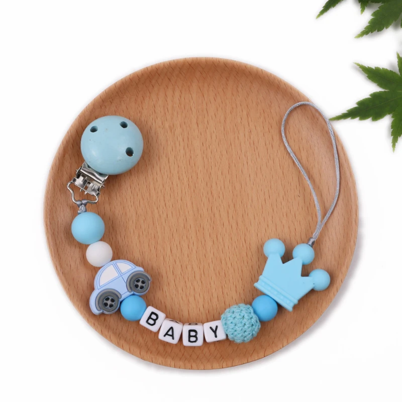 Nieuwe Baby Gepersonaliseerde Naam Fopspeen Clips Siliconen Kralen Cartoon Auto Dummy Tepel Houder Fopspenen Ketting Tandjes Speelgoed Kauw Cadeau