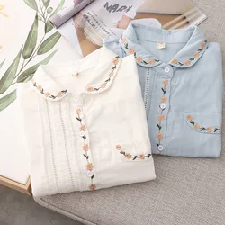 100% Cotton Yarn Blue Blouses Woman Spring Tops Large Size Blouses 2024 Fashion Women Trending Floral Embroidery Shirts