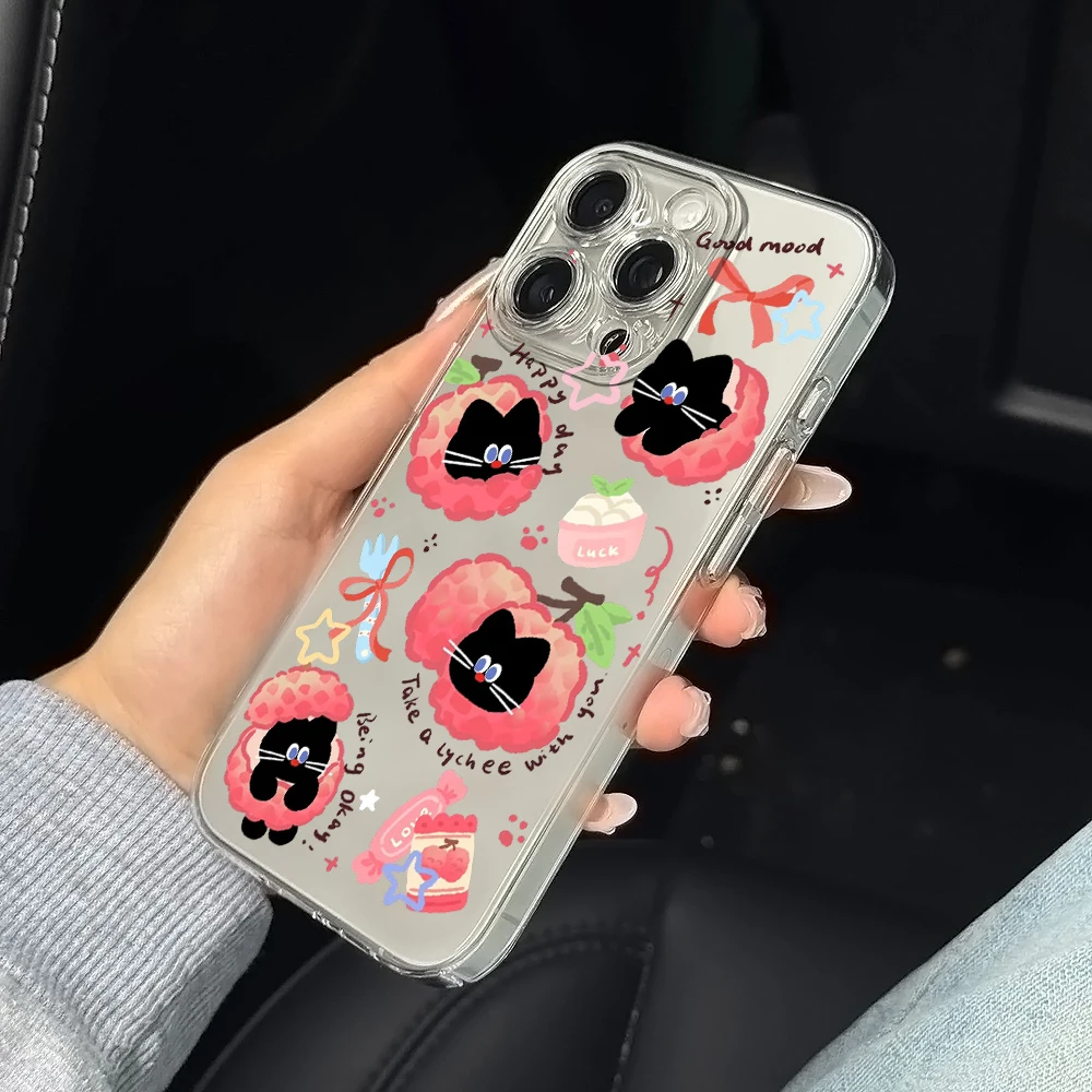 Coque de téléphone en Silicone, chat noir, litchi doux, pour IPhone 17 16 15 14 13 12 11 Pro Xs Max Air Mini 7 8 6 6s Plus SE 2020 2022