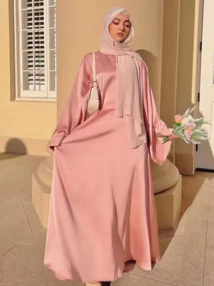 Eid Arab Muslim Party Dress for Women Abaya Long Sleeve Jalabiya Long Dresses Satin Kaftan Vestidos Dubai Ramadan Gown Robe 2024