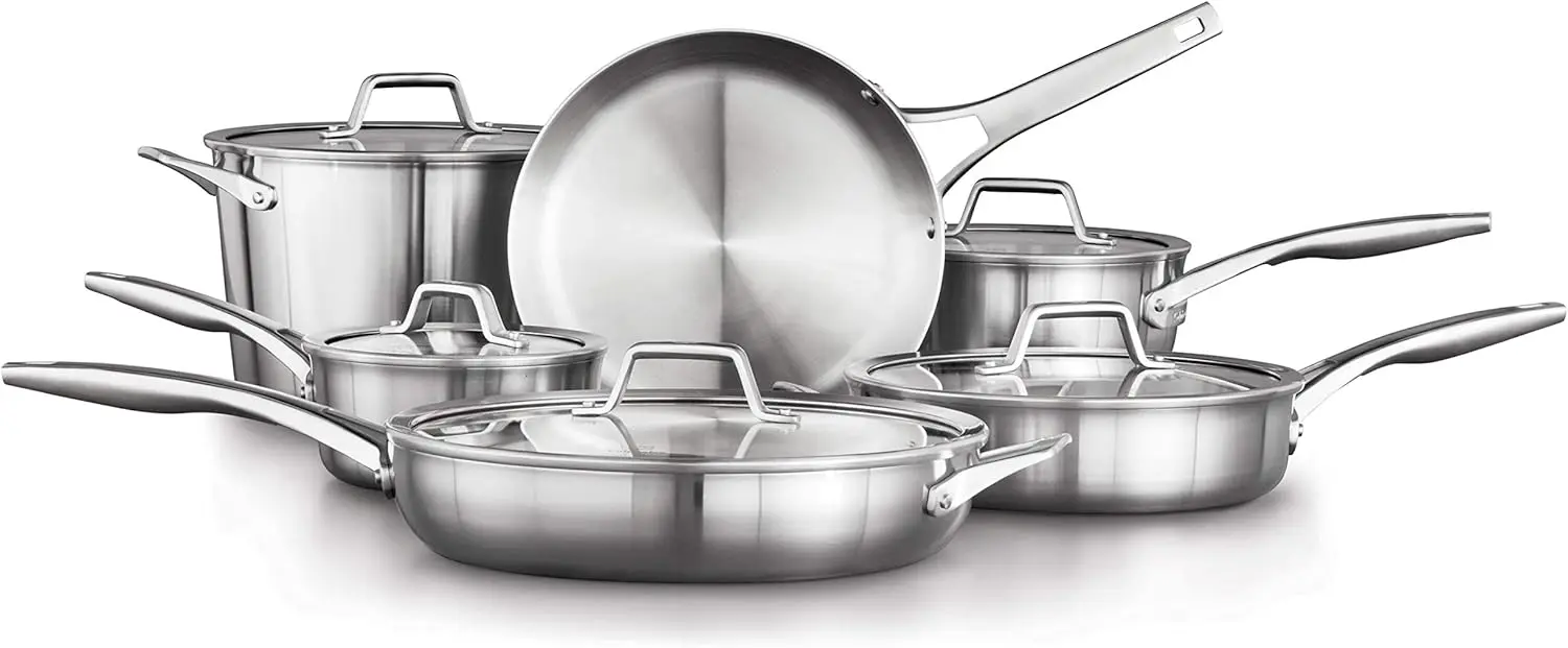 Stainless Steel Kitchen Cookware, 11-Piece Pots and Pans Set with Stay-Cool Handles, Dishwasher & Oven Safe, Silver