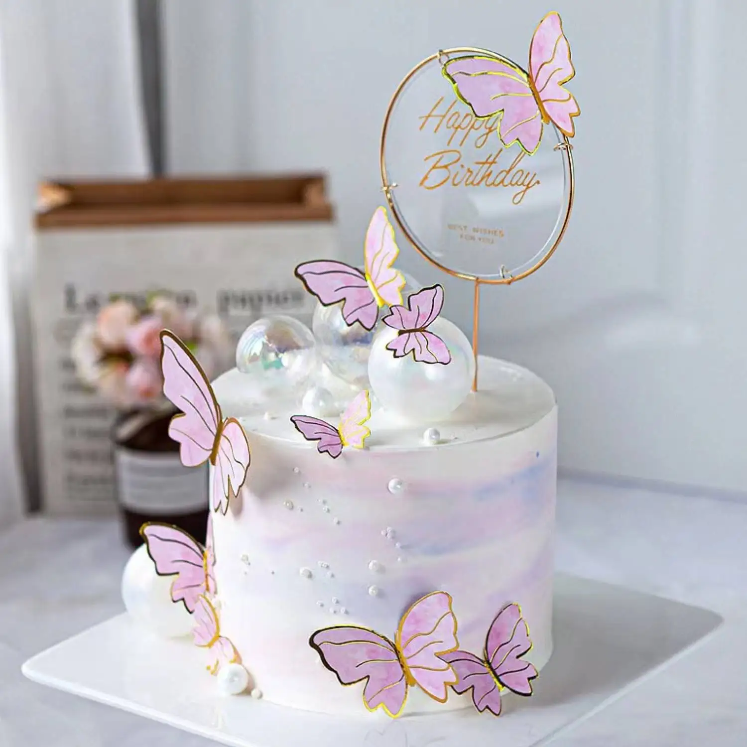 17 Stück rosa Schmetterling Kuchendekorationen Metall Gold Kuchen Topper Mix weiße Perlen für Mädchen Frauen Geburtstag Hochzeit Party Supplies