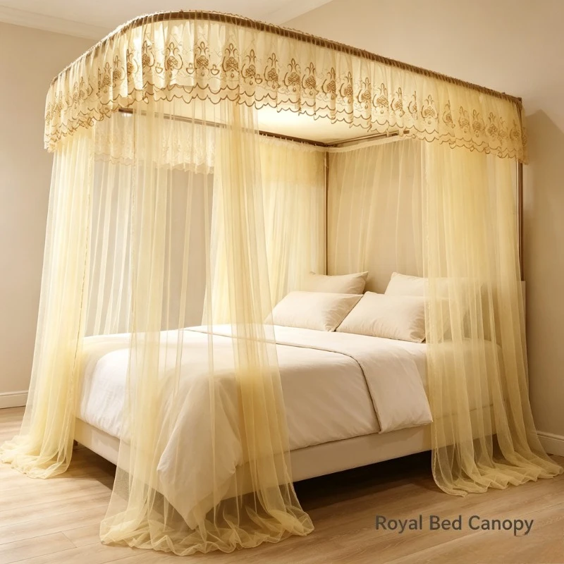 Luxury Gold Embroidered Canopy Mosquito Net, U-Track Floor Standing Bed Curtain for Master Bedroom & Wedding Decor