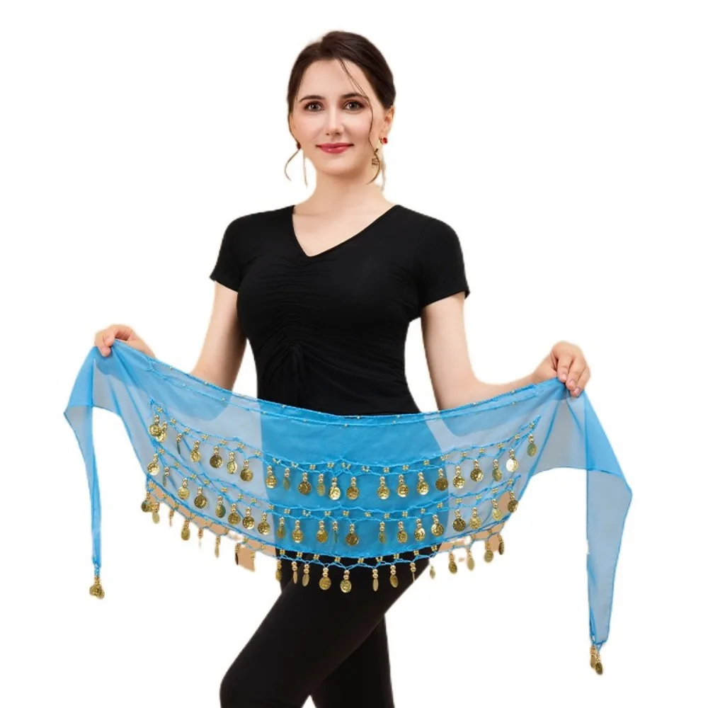 Moedas de cor dourada dança do ventre lenço de quadril três camadas material chiffon corrente de cintura de dança do ventre ajuste confortável fácil de usar
