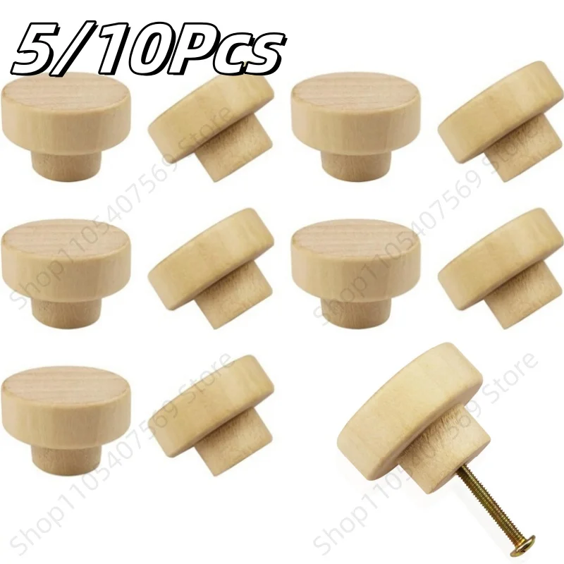 5/10Pcs Round Wooden Cabinet Knobs with Screws for Wardrobe Dresser Closet Unfinished Wood Cupboard Furniture Pulls Handles