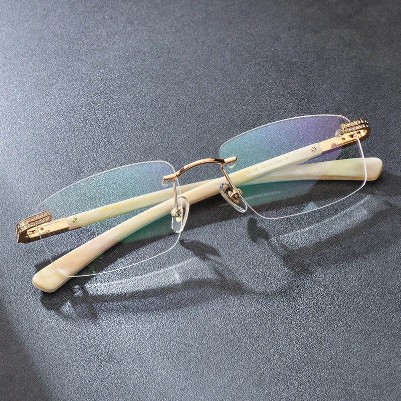 HEPIDEM Buffalo Horn Glasses Frame Men Brand Design Square Luxury Diamonds Sumptuous Buffs Rimless Eyeglasses for Women - view 2