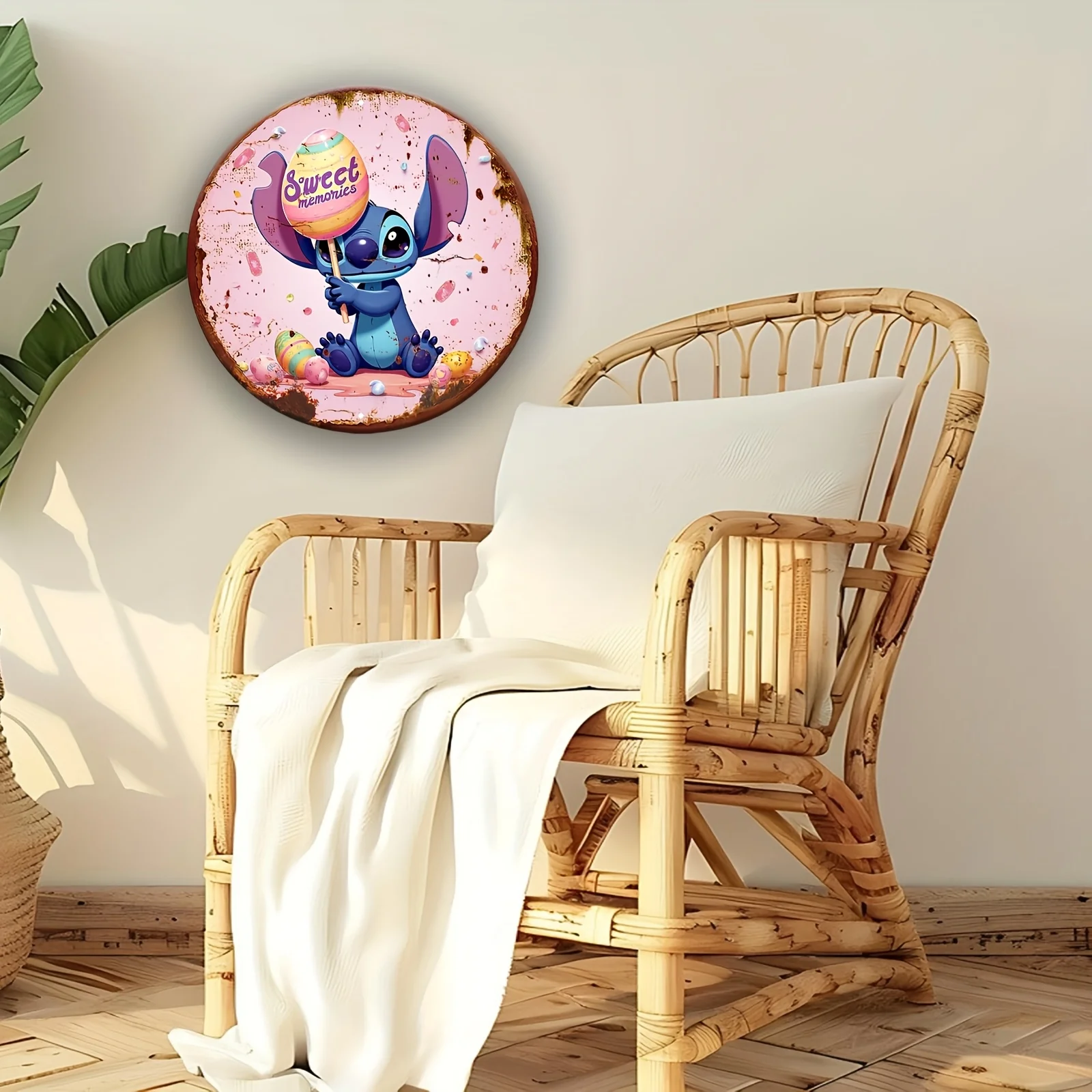 قطعة واحدة من ديكور الحائط - لافتة معدنية دائرية من الألومنيوم مع تصميم ذكريات حلوة، فن نابض بالحياة ثنائي الأبعاد للمنزل والمكتب والمقهى وعيد الفصح