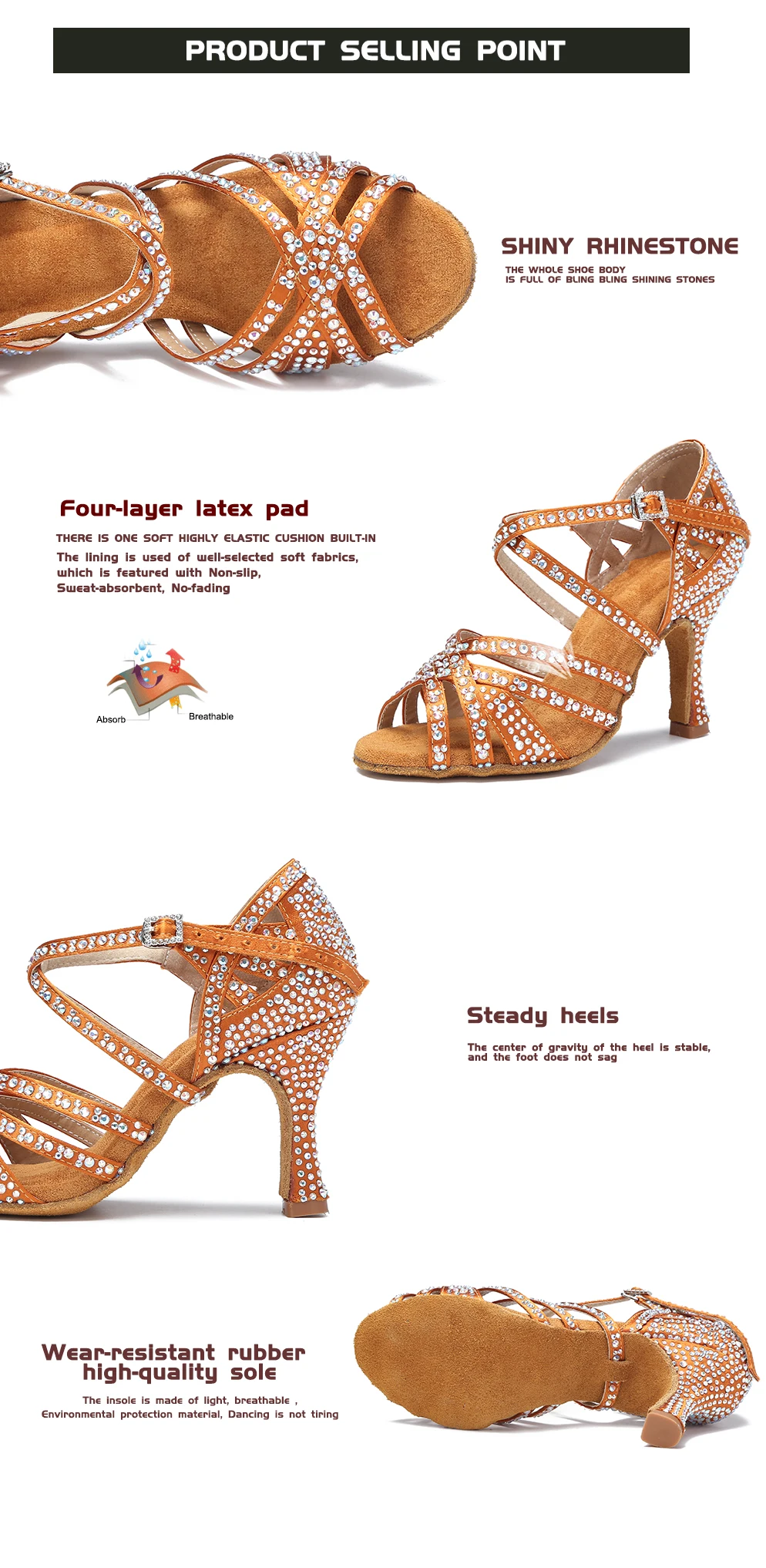 CINMIDY Damen Latein Tanzschuhe Strass Weiche Sohle Salsa Schuhe Ballroom Tanz High Heels Damen Sandalen Hochzeitsschuhe für Frauen – Detail 9