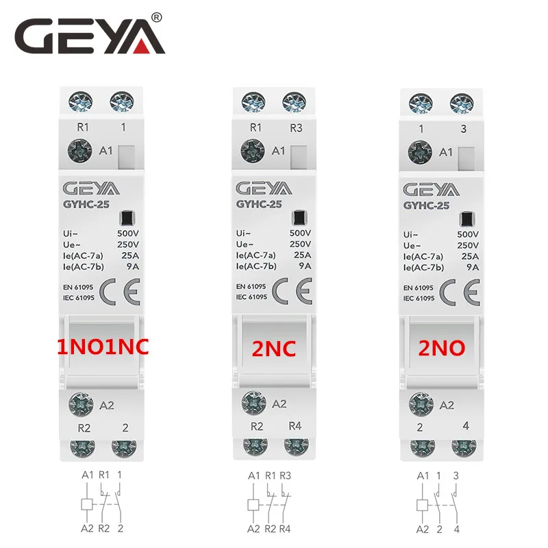 GEYA Din Rail Modular Contactor AC220V 2P 16A 20A 25A 2NC 2NO 1NO1NC 50/60Hz