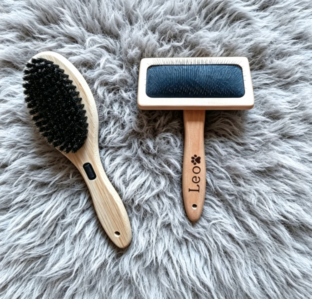 Personalized Wooden Pet Grooming Brush Set with Name Engraved, 2 Pcs Dog Hair Brushes Slicker Brush & Pin Brush