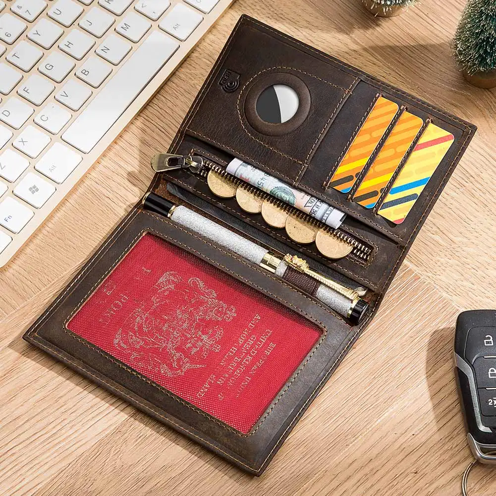 Retro Travel Passport Wallet with Airtag Case, Genuine Leather Credit Card Holder RFID Blocking Passport Cover for Men Women