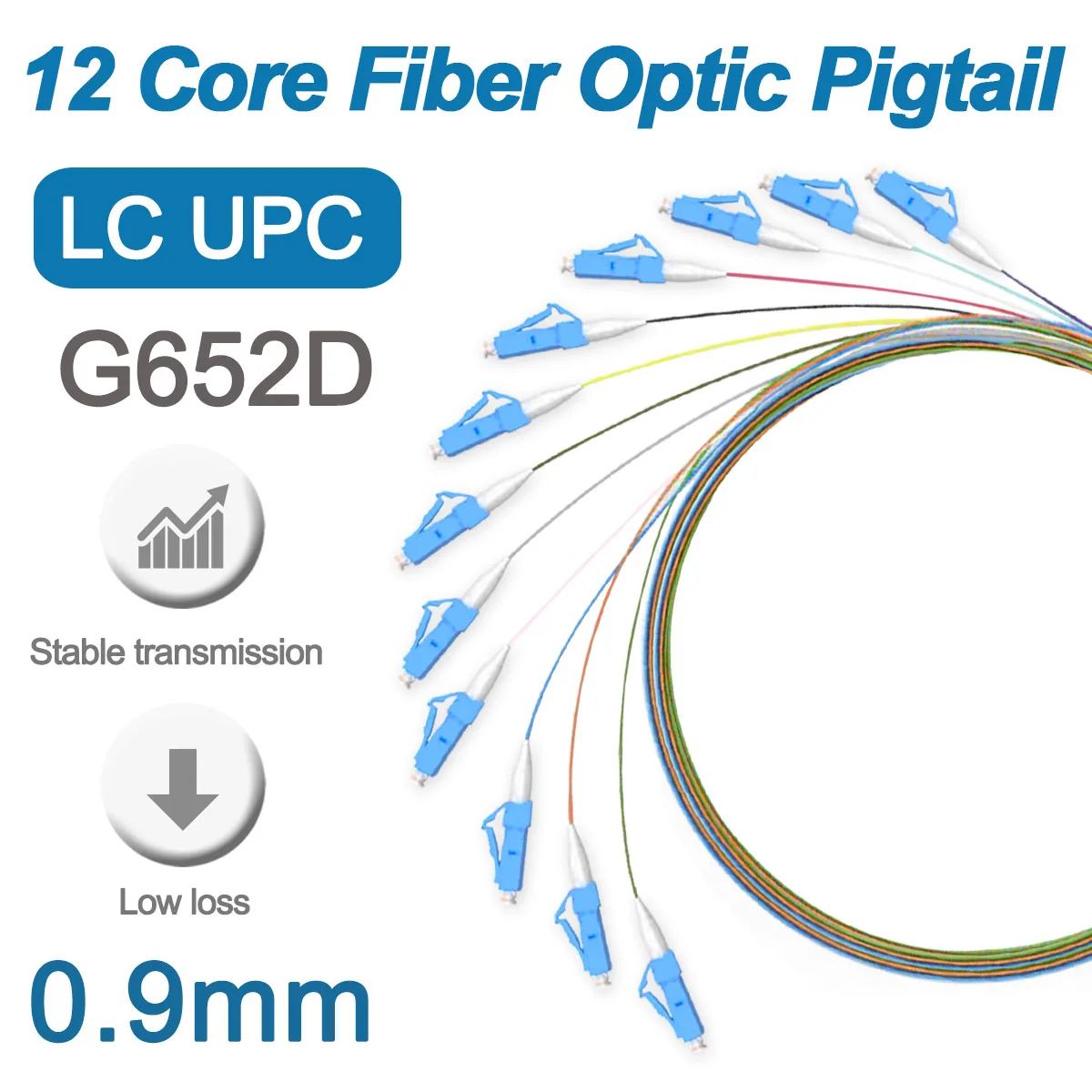 

12 Colors LC UPC Fiber Optic Pigtail Single Mode Colorful Pigtail SM Simplex 9/125 G652D 12 Bundles Fibers fanout 0.9mm LSZH 1M