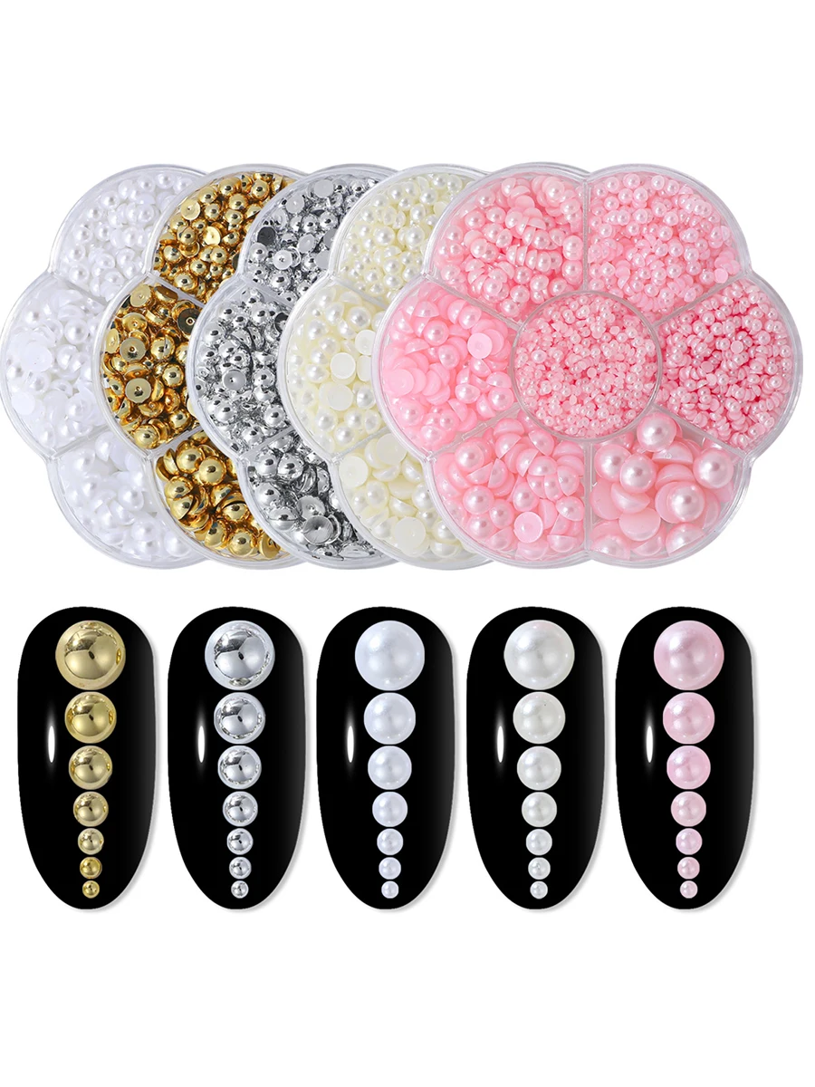 2000 sztuk/pudło złoto srebro biały różowy beżowy perłowy zdobienie paznokci dekoracje, pudełko w kształcie kwiatu, półokrągłe perły akcesoria do paznokci DIY