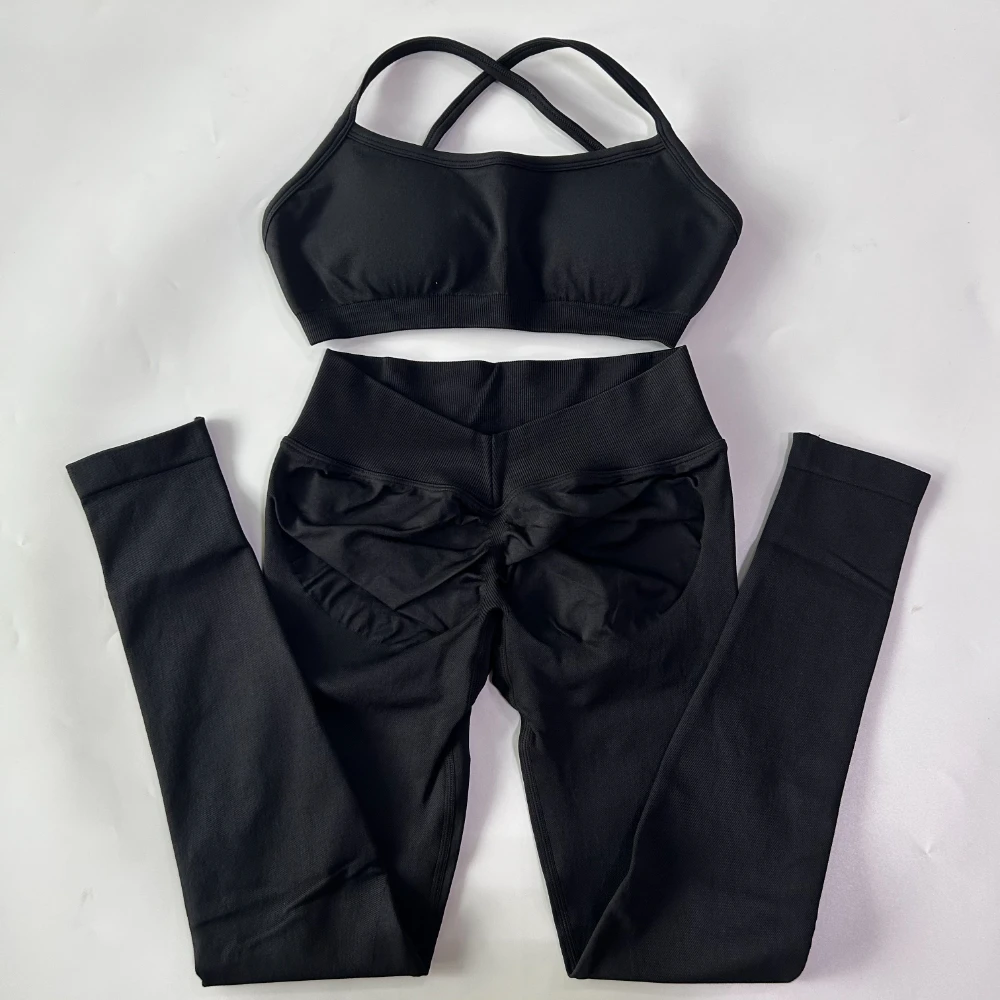 2-teiliges Gym-Set für Damen, Nahtlose Scrunch-Yoga-Leggings, Rückenfreier Sport-BH, Fitness-Workout-Top, Yoga-Set-Outfits – Detail 12