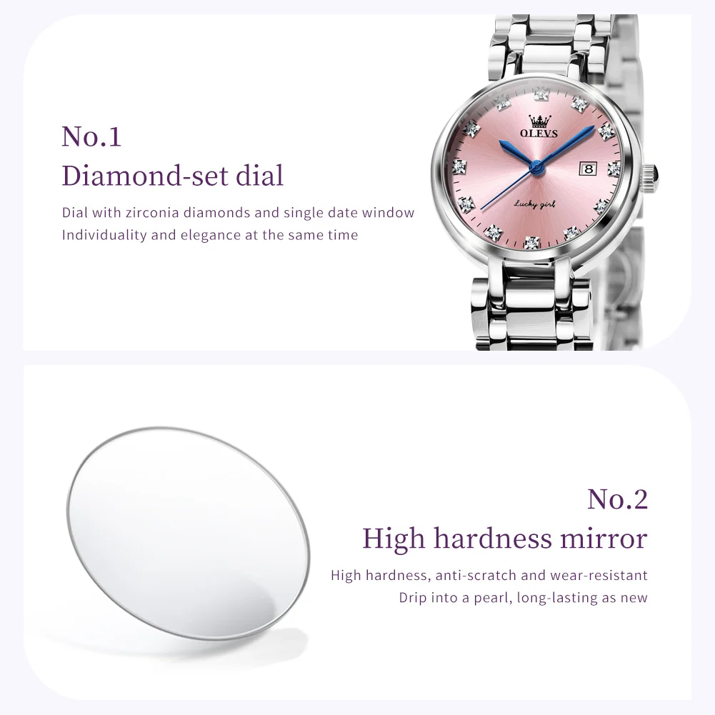 OLEVS 5575 Women Watch Fashion Luxury Roman Scale Diamond Dial Fashion Calendar Waterproof Watch Elegant Pink Women Quartz Watch