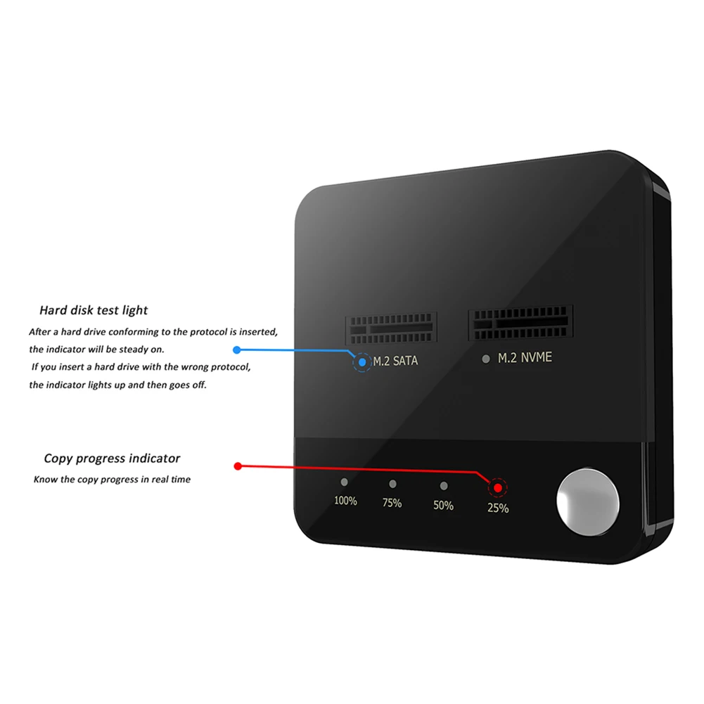 Stacja dokująca M.2 SATA/NVMe z dwoma gniazdami na dyski twardy, stacja dokująca do transmisji danych, duplikator, kloner M.2 do odczytu i przechowywania danych.