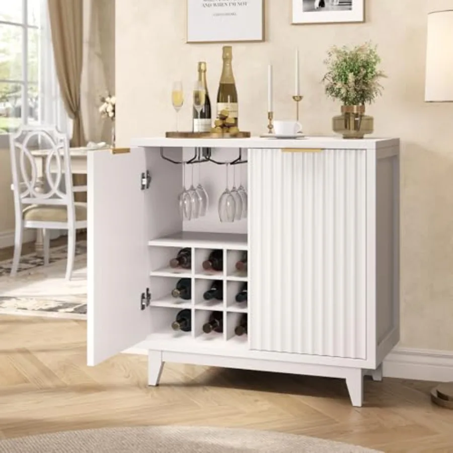 

Modern Fluted Coffee Bar Cabinet with Removable Wine Rack and Adjustable Shelf Solid Wood Legs Multi-Functional Sideboard Buffe