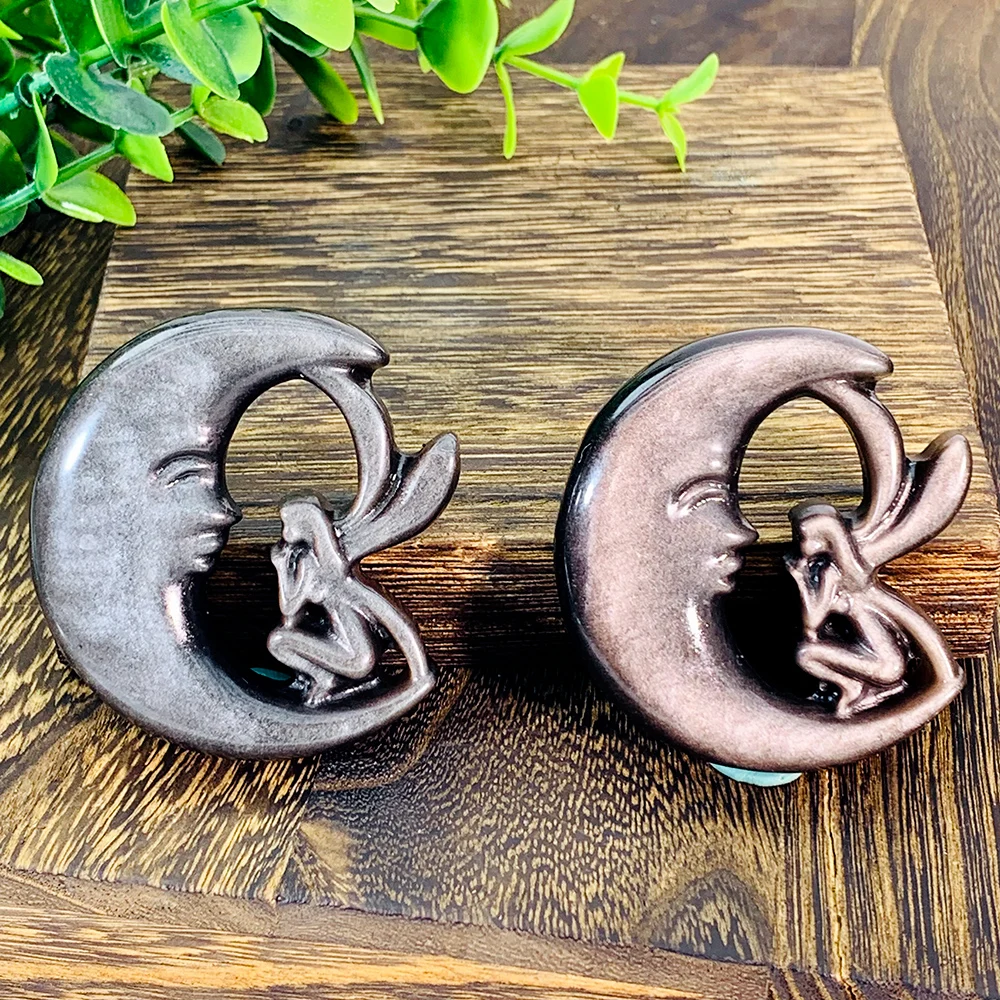 1pc Natural Silvery Obsidian Moon Fairy Crystal Carving, Handcrafted Healing Gemstone Craft, Reiki Charged Decorative Accent
