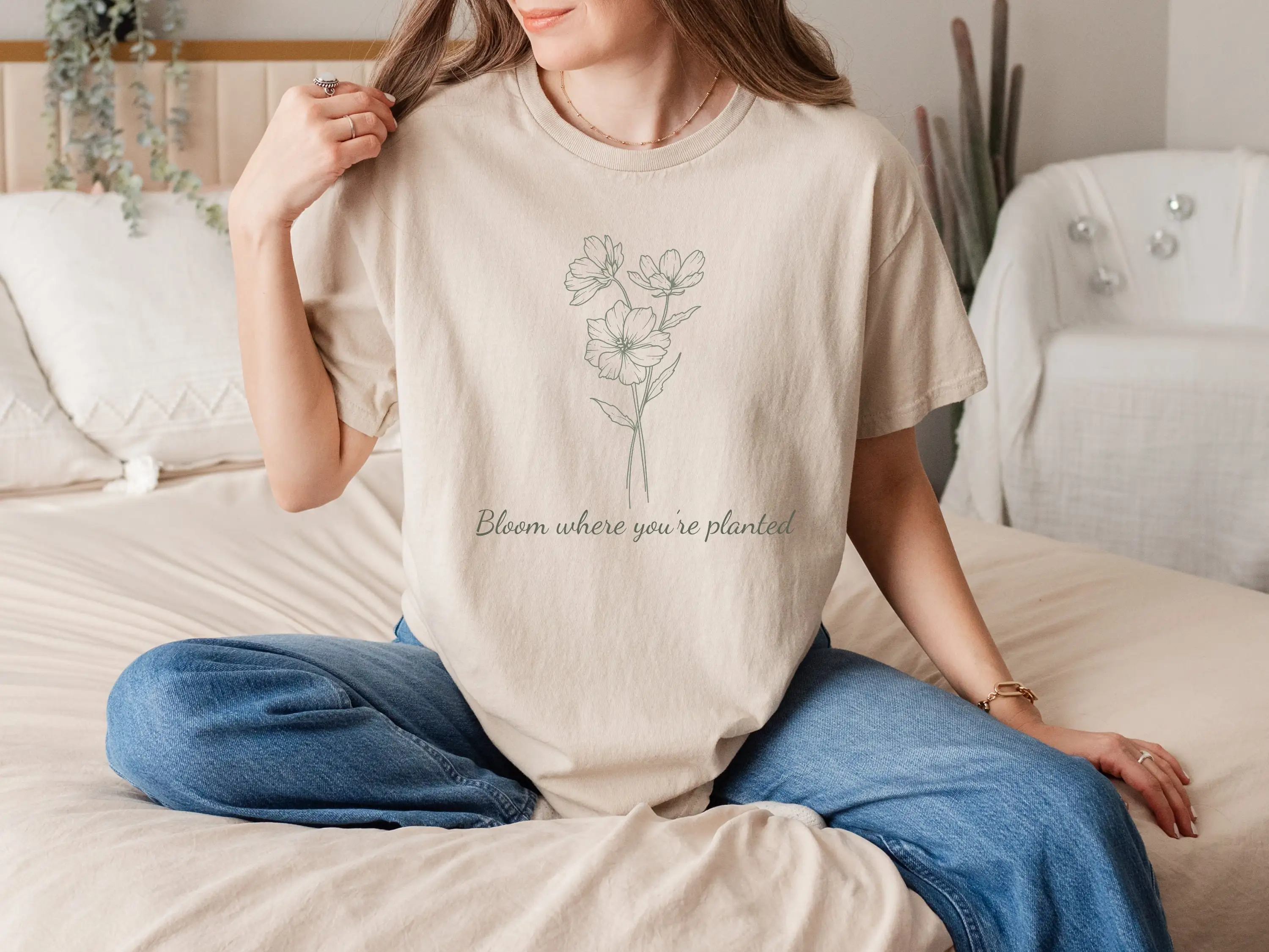 Bloom Where You Are Planted Heavy Cotton T Shirt Blooming Wildflower Positivity tee Encouraging for mom or daughter