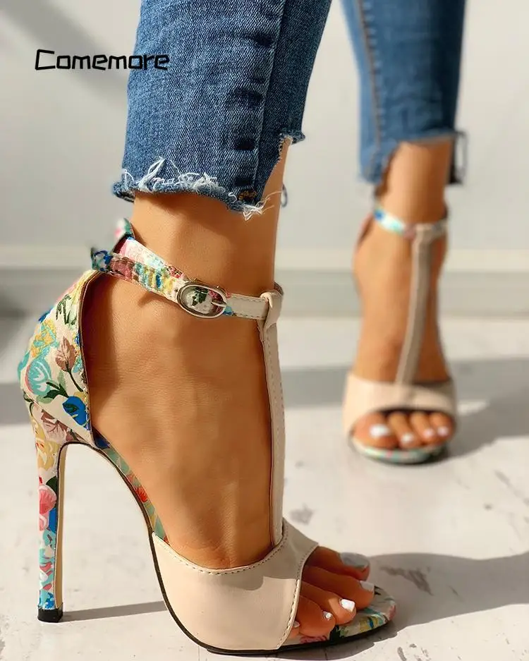 Comemore Open Toe Gladiator Shoes 2024 Woman Party Pumps Sexy Women T-strap Floral Print Sandals Summer Fashion Super High Heels