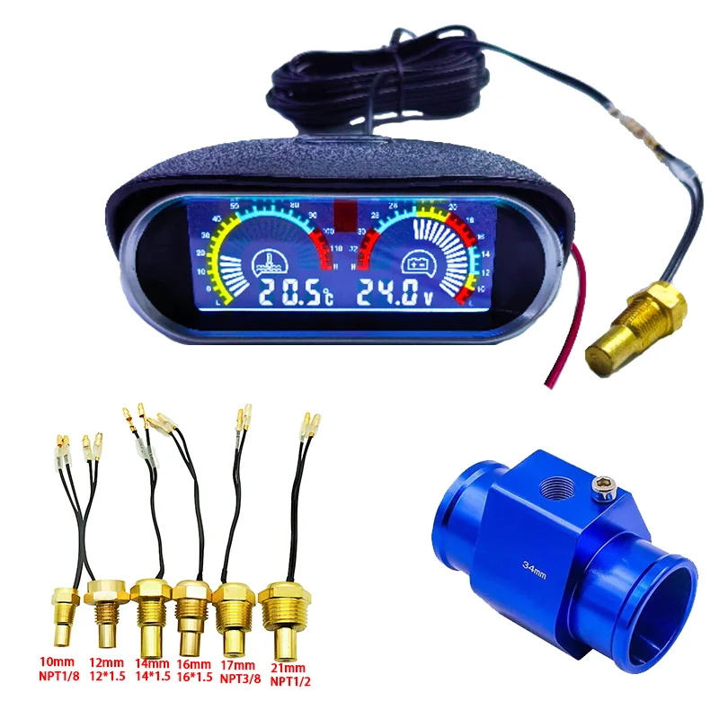 12V 24V Digitaler Wassertemperaturanzeige + Volt Wassertemperatursensor 1/8NPT Kopfstopfen Verbindungsrohrsensor Kühlerschlauchadapter – Detail 1